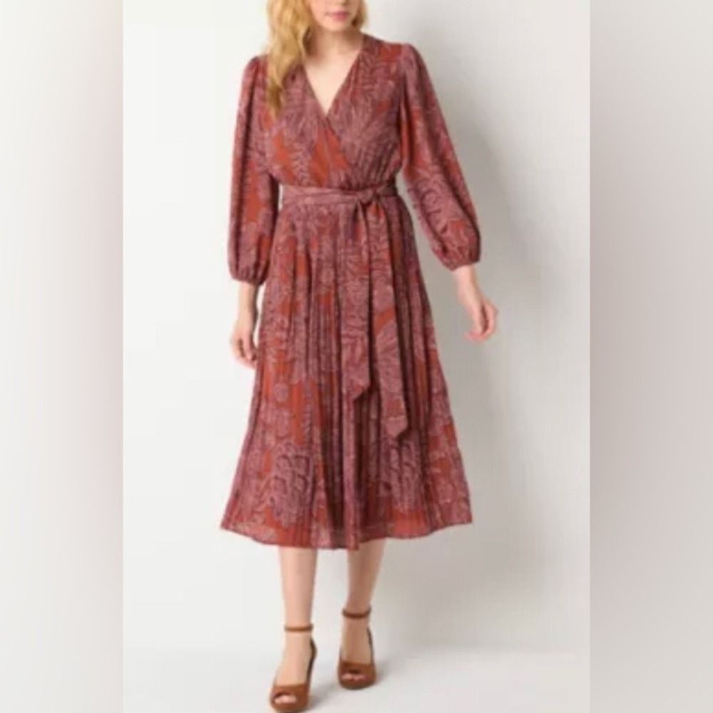 Ryegrass Women's Medium Midi Dress Rust Floral Paisley Pleated‎ Long Sleeve New